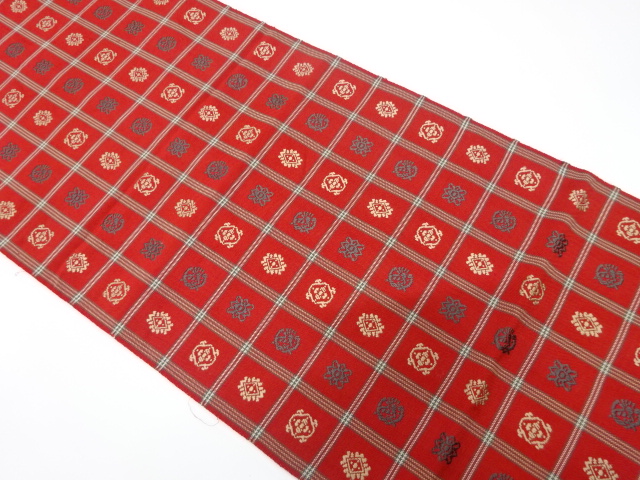 格子に華紋織り出し　名古屋帯